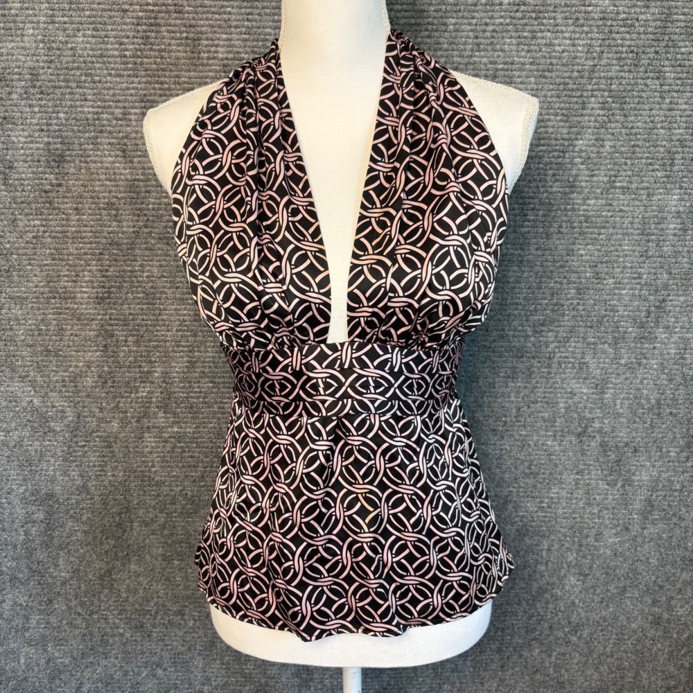 Alice & Trixie Silk Halter Top Womens L Black Pink Geometric Open Back